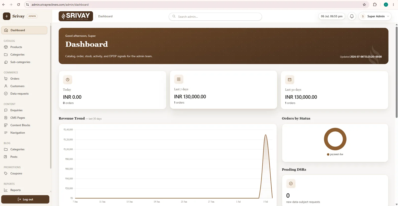 Srivay Recliners — E-commerce + Admin